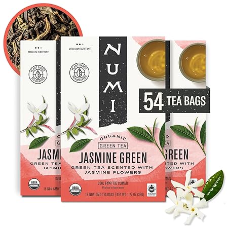 Numi Organic Tea Jasmine Green, 18 Count (Pack of 3) Box of Tea Bags (Packaging May Vary)