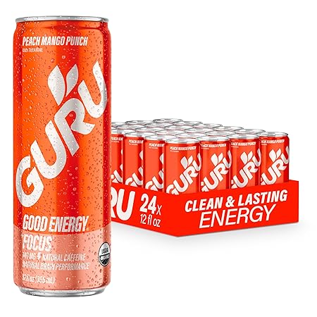 GURU Peach Mango Punch Organic Energy Drinks, Clean Energy Drink with Plant Based Natural Caffeine from Green Tea + Focus with L Theanine, Gluten Free and Vegan, 140MG Caffeine, 12oz (Pack of 24)
