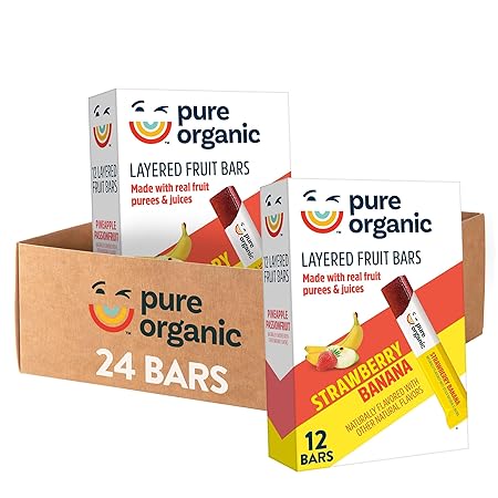 Pure Organic Layered Fruit Bars, Gluten Free, Vegan Fruit Snacks, Strawberry Banana (2 Boxes, 24 Bars)