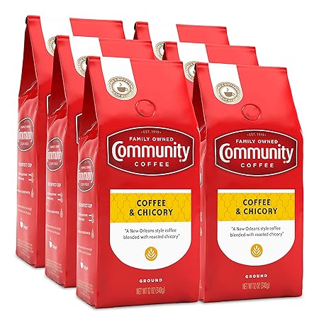 Community Coffee and Chicory, 72 Ounces Ground Coffee, Medium Dark Roast, 12 Ounce Bag (Pack of 6)