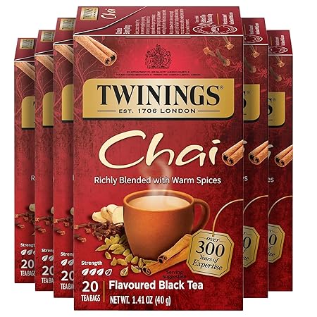Twinings Chai Black Tea Individually Wrapped Bags, 20 Count (Pack of 6), Sweet, Savoury Spices, Caffeinated, Enjoy Hot or Iced, 120 Teabags