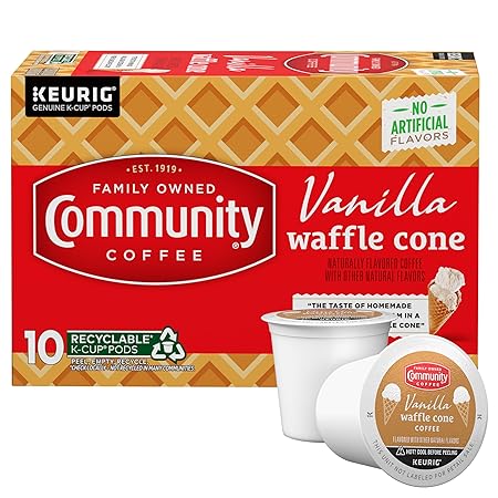 Community Coffee Vanilla Waffle Cone Ice Cream Flavored, 10 Count Coffee Pods, Compatible with Keurig 2.0 K-cup Brewers, 10 Count (Pack of 1)