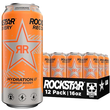 Rockstar Energy Drink with Caffeine Taurine and Electrolytes, Recovery Orange, 16 Fl Oz (Pack of 12)
