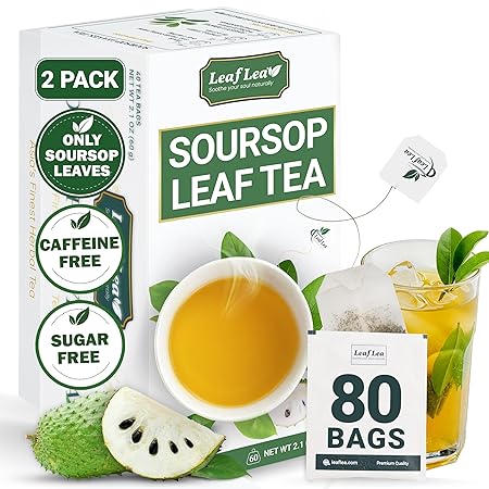 LeafLea 80 Soursop Leaf Tea Bags, from Natural Soursop Leaves (Graviola), Herbal Blend for Wellness, Sour Sop Herbal Tea Individually Wrapped for Freshness, Caffeine-Free, Vegan, No Sugar, Non-GMO