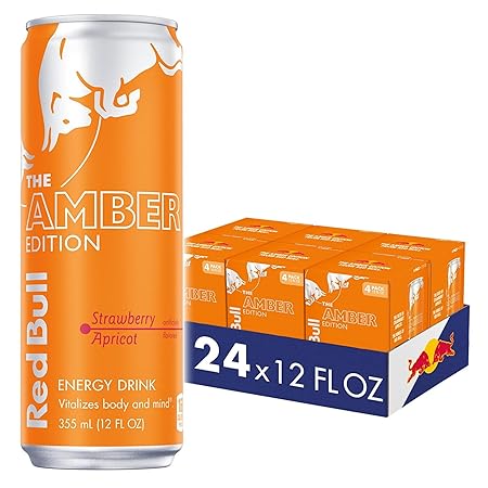 Red Bull Amber Edition Energy Drink, Strawberry Apricot, with 114mg Caffeine plus Taurine & B Vitamins, 12 Fl Oz, 6 Packs of 4 Cans (Pack of 24)