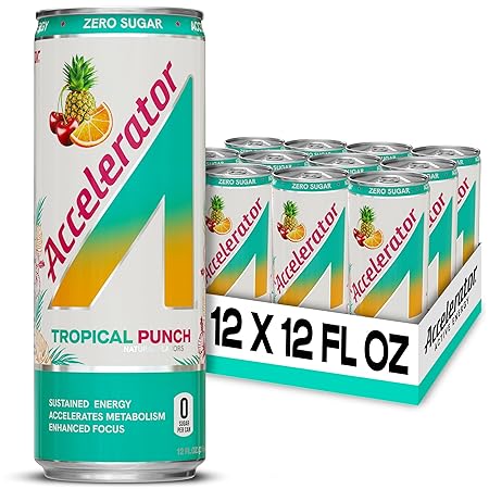 Accelerator Active Energy Drink Sugar Free Zero Carbs, Tropical Punch, 12oz can(12 pack) Enhanced Focus & Sustained Energy from 100% Natural Caffeine (200mg& Green Tea Extract