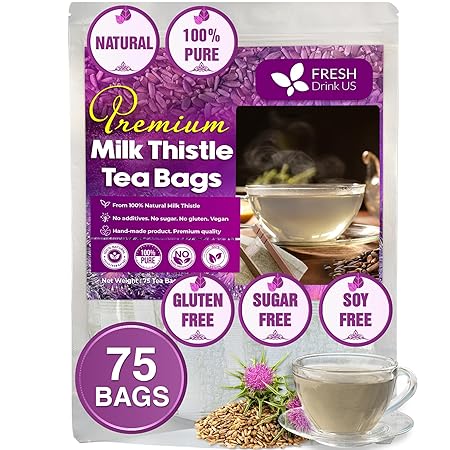 FreshDrinkUS, Premium 75 Milk Thistle Tea Bags, 100% Natural & Pure from Milk Thistle Seeds. Milk Thistle Seed Herbal Tea. Made with Natural Material Tea Bags. No Sugar, No Caffeine, No Gluten, Vegan.