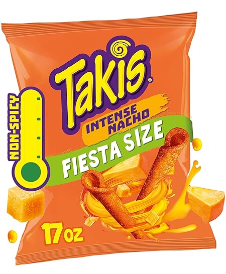 Takis Intense Nacho 17 oz Fiesta Size Bag, Cheese Flavored Non-Spicy Cheesy Rolled Tortilla Chips