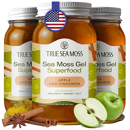 TrueSeaMoss Sea Moss Gel – Made in USA – Wildcrafted Seamoss, Fresh Fruits & Jarred Vegetables – Apple/Cinnamon, Pack of 3 (Labels may Vary)
