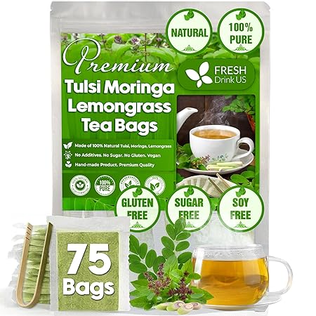 FreshDrinkUS, Premium 75 Tea Bags Tulsi Moringa Lemongrass, 100% Natural & Pure from Tulsi Holy Basil Leaves, Moringa & Lemongrass. Made with Natural Material Tea Bags. No Sugar, No Caffeine, Vegan.