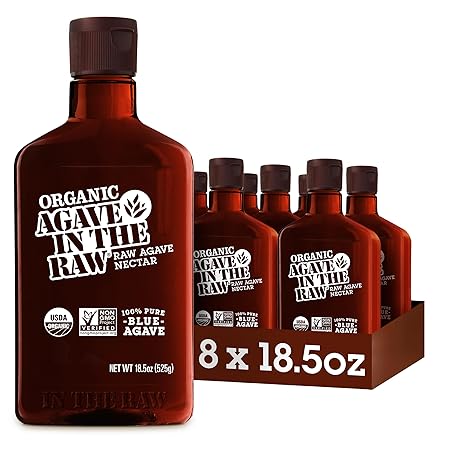 Agave In The Raw Organic Agave Nectar Sweetener, Blue Agave Syrup, No Erythritol, Sugar Substitute for Coffee, Baking, Hot & Cold Drinks, Natural, Low Carb, Vegan, Gluten-Free, 18.5oz Bottle (8 Pack)