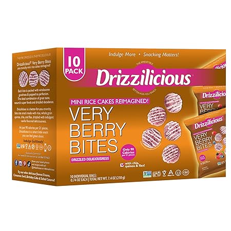 Drizzilicious Mini Rice Cakes Very Berry - Rice Crisps, Healthy Snack for Adults and Kids, Flavored Rice Cakes, Vegan, Gluten Free, Allergen Free, Only 90 Calories Per Bag - .74 oz (Pack of 10)