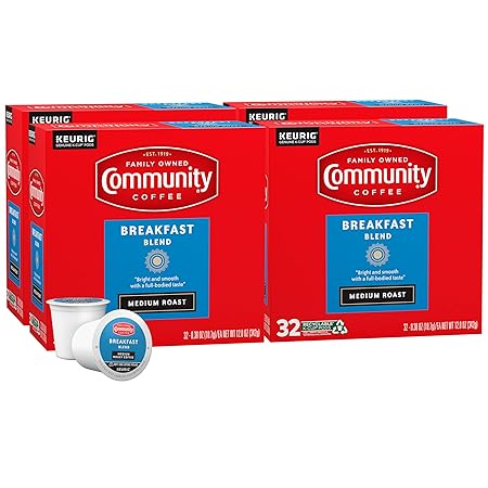 Community Coffee Breakfast Blend, Medium Roast, Single-Serve Keurig K-Cup Pods, 32 Count (Pack of 4)