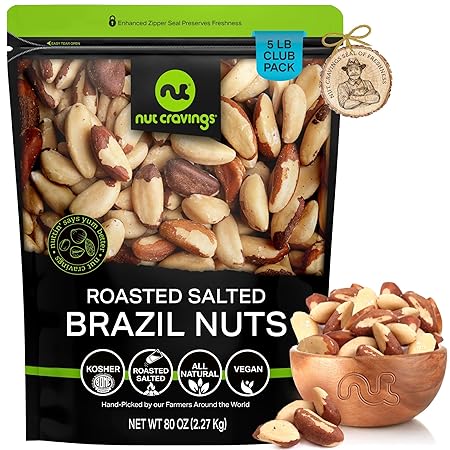 NUT CRAVINGS - Brazil Nuts Roasted & Salted - No Shell, Whole (80oz - 5 LB) Bulk Nuts Packed Fresh in Resealable Bag - Healthy Protein Food Snack, Food Assortments