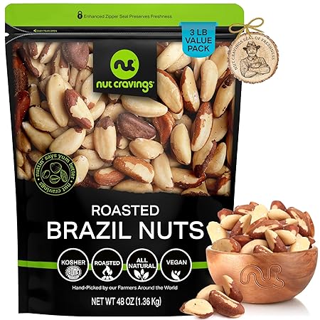 NUT CRAVINGS - Brazil Nuts Roasted & Unsalted - No Shell, Whole (48oz - 3 LB) Bulk Nuts Packed Fresh in Resealable Bag - Healthy Protein Food Snack, Food Assortments