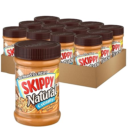 SKIPPY Natural Peanut Butter Spread, Creamy, 7 g protein per serving, 15 oz. (12 Pack)