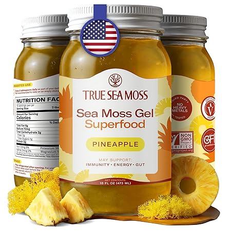 TrueSeaMoss Sea Moss Gel – Made in USA – Wildcrafted Seamoss, Fresh Fruits & Jarred Vegetables – Pineapple, Pack of 1 (Labels may Vary)