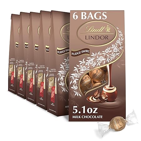 Lindt LINDOR Fudge Swirl Milk Chocolate Truffles, Milk Chocolate Candy with Smooth, Melting Truffle Center, Great for gift giving, 5.1 oz. Bag (6 Pack)