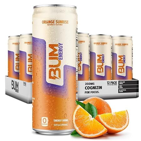BUM Sugar-Free Energy Drink, Orange Sunrise - Lightly Carbonated & No Artificial Colors, Natural Caffeine & Citicoline for Energy & Focus, Brain Boost & Workout Sports Beverage - 12 oz, Pack of 12
