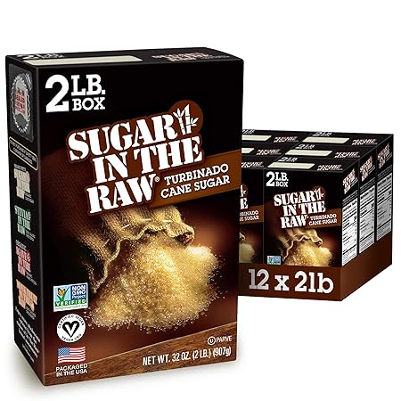 Sugar In The Raw Granulated Turbinado Cane Sugar, No Erythritol, Pure Natural Sweetener, Hot & Cold Drinks, Coffee, Cooking, Baking, Vegan, Gluten-Free, Non-GMO, Bulk Sugar, 2 Pound (Pack of 12)