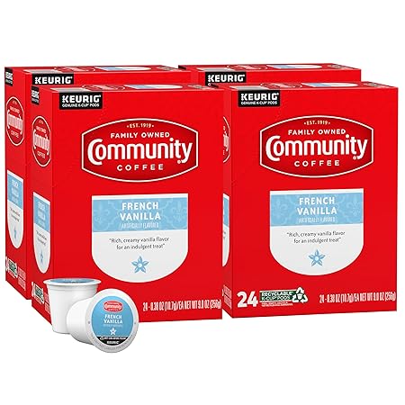 Community Coffee French Vanilla Flavored 96 Count Coffee Pods, Medium Roast, Compatible with Keurig 2.0 K-Cup Brewers, 24 Count (Pack of 4)