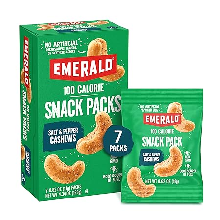 Emerald Nuts, 100 Calorie Packs, 7 Count, Salt & Pepper Cashews, 4.34 Oz
