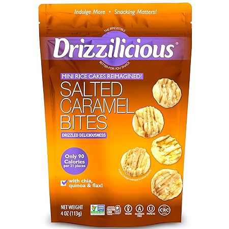 Drizzilicious Mini Rice Cakes Salted Caramel - Rice Crisps, Healthy Snack for Adults & Kids, Flavored Rice Cakes, Vegan, Gluten Free, Allergen Free, 90 Calories Per Serving- 4 oz (Pack of 6)