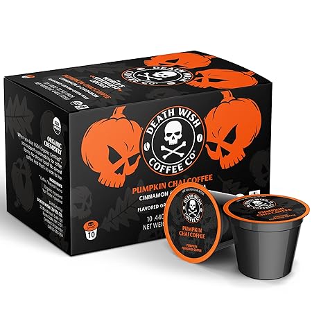 DEATH WISH COFFEE - Organic Pumpkin Spice Dark Roast Coffee Single Serve - Fair Trade, Arabica, Chai, Cardamom, Cinnamon, and Ginger Infused Spices (Pumpkin Chai, 10 Count)