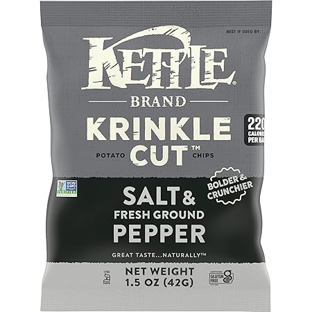 Kettle Brand Potato Chips, Krinkle Cut, Salt & Fresh Ground Pepper Kettle Chips, 1.5 Oz (Pack of 24)