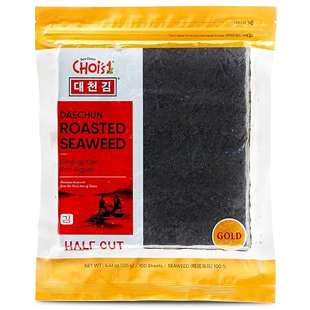 CHOI's 1(Daechun) Roasted Seaweed, GIM, Sushi Nori(100 Half Sheets)/ Resealable, Gold Grade/Product of Korea/Kimbap, Gimbap, Vegan, Keto, Gluten Free, Full of Fiber, Vitamin, Mineral, High protein