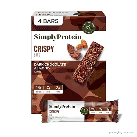 Simply Protein - Dark Chocolate Almond Crispy Bars - Plant Based Protein Bars - Low Carb, Low Sugar, High Fiber - 13g Protein, 2g Sugar, 7g Fiber - Vegan, Gluten Free, Non GMO, Kosher - 4 Bars