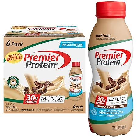 Premier Protein Shake, Café Latte, 30g Protein 1g Sugar 24 Vitamins Minerals Nutrients to Support Immune Health, 11.5 fl oz (Pack of 6)