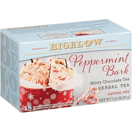 Bigelow Tea Peppermint Bark Herbal Tea, Caffeine Free Tea with Peppermint and Chocolate, Holiday and Christmas Tea, 18 Count Box (Pack of 6), 108 Total Tea Bags