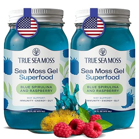 TrueSeaMoss Sea Moss Gel – Made in USA – Wildcrafted Seamoss, Fresh Fruits & Vegetables – Blue Spirulina, Pack of 2 (Labels May Vary)