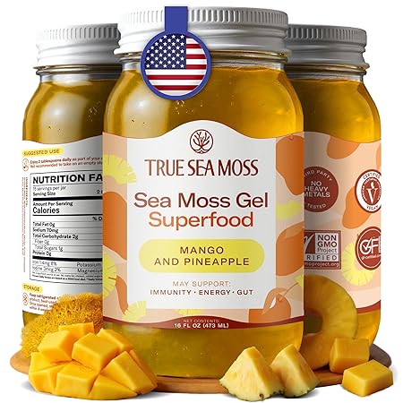 TrueSeaMoss Sea Moss Gel – Made in USA – Wildcrafted Seamoss, Fresh Fruits & Jarred Vegetables – Mango/Pineapple, Pack of 1 (Labels may Vary)