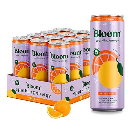 Bloom Nutrition Sparkling Energy Drink - Natural Caffeine, Zero Sugar, 180mg Caffeine - Antioxidant-Rich with Green Coffee Bean, Green Tea Extract, Prebiotics - Orange - 12oz 12 Pack