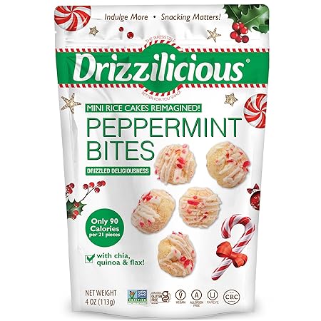 Drizzilicious Mini Rice Cakes - Rice Crisps, Healthy Snack for Adults and Kids, Flavored Rice Cakes, Vegan, Gluten Free, Only 90 Calories Per Serving - Peppermint, 4 oz (Pack of 6)