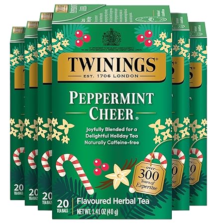 Twinings Peppermint Cheer Herbal Tea Individually Wrapped Bags, 20 Count (Pack of 6), Peppermint & Creamy Vanilla, Naturally Caffeine-Free, Enjoy Hot or Iced, 120 Teabags