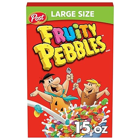 Post Fruity PEBBLES Cereal, Fruity Kids Cereal, Gluten Free Rice Cereal for Kids, 15 OZ Large Cereal Sized Box