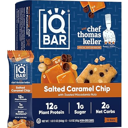 IQBAR x Chef Thomas Keller - Brain and Body Plant Protein Bars - Salted Caramel Chip - 12-Count, Low Carb, High Fiber, Gluten Free, Vegan Snacks - Low Sugar High Protein - Low Calorie Keto Energy Bars