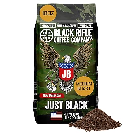 Black Rifle Coffee Company Just Black, 18oz Bag, Ground Coffee Medium Roast - Roasted Blend Made from Arabica Beans - Colombian & Brazilian Beans - Veteran Founded & American Made