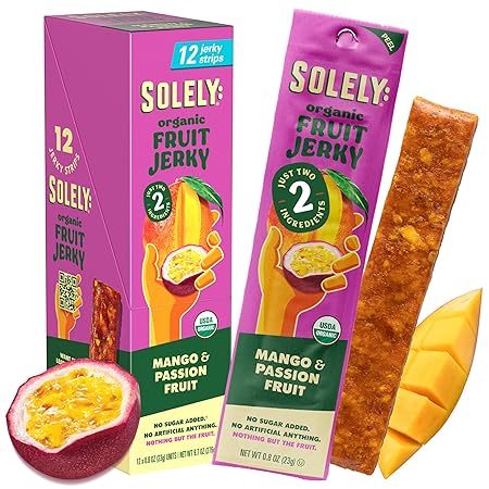 SOLELY - Organic Mango Passion Fruit Jerky - 12 Individually Wrapped Strips - Fruit Leather Made from Dried Fruit - Healthy Snacks for Adults & Kids - Non GMO, Vegan Snacks - 0.8oz (23g)