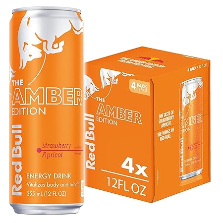 Red Bull Amber Edition Energy Drink, Strawberry Apricot, with 114mg Caffeine plus Taurine & B Vitamins, 12 fl oz, Pack of 4 Cans