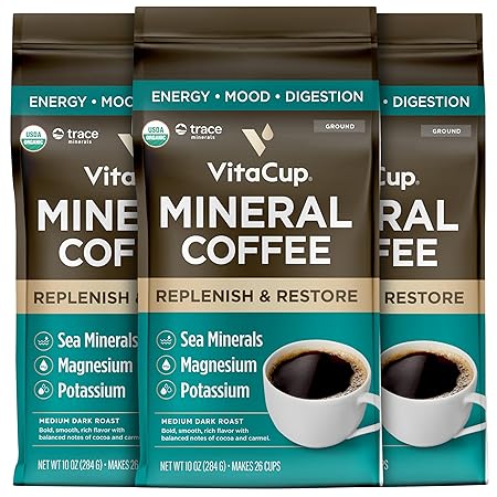 VitaCup Mineral Coffee with Trace Minerals, Hydrate, Replenish & Restore w/All Natural Sea Minerals, Electrolytes, Organic Coffee, Single Origin, Medium Dark Roast, Ground Coffee, 3 Bags 10oz Each