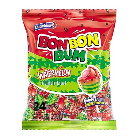 Colombina Bon Bon Bum Lollipops Watermelon Flavor, 24 Count (Pack of 1)