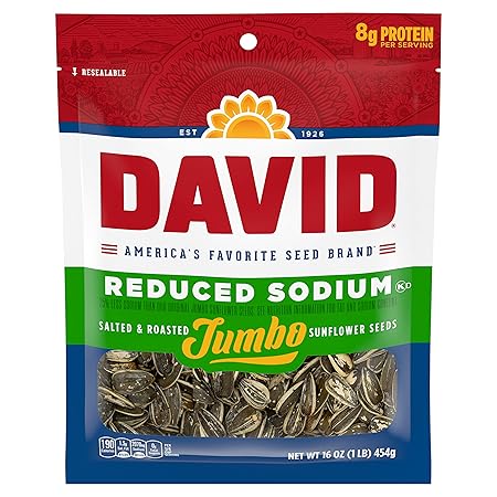 DAVID Roasted and Salted Reduced Sodium Sunflower Seeds, Original Flavor, 16oz.