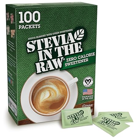 Stevia In The Raw, Plant Based Zero Calorie, No Erythritol, Sugar Substitute, Sugar-Free Sweetener for Coffee, Hot & Cold Drinks, Suitable For Diabetics, Vegan, Gluten-Free, 100Count Packets (1 Pack)
