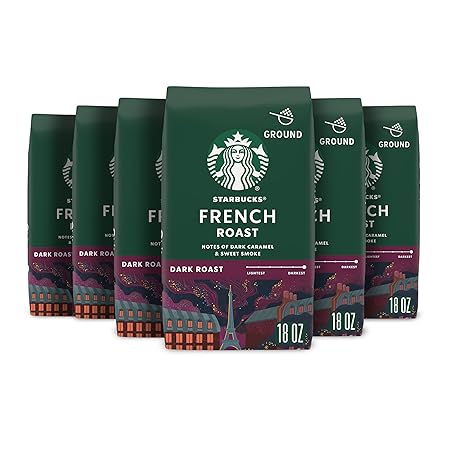 Starbucks Ground Coffee, Dark Roast Coffee, French Roast, 100% Arabica, 6 bags (18 oz each)