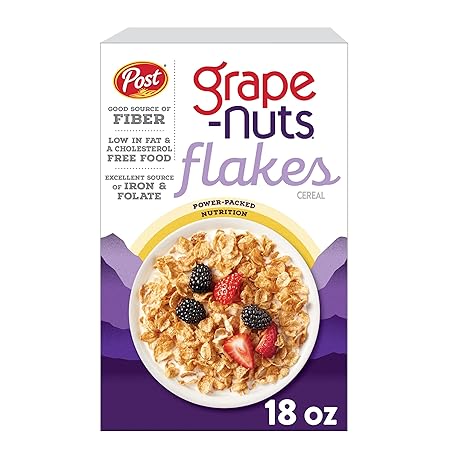 Grape-Nuts Flakes Breakfast Cereal, Crispy Whole Wheat and Barley Cereal, Great for Yogurts, Parfaits, and Homemade Snacks, 18 OZ Box