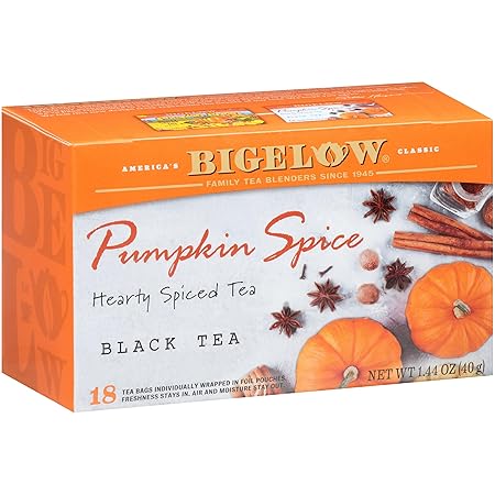 Bigelow Tea Pumpkin Spice Black Tea, Caffeinated Tea with Pumpkin Pie Flavor, Holiday and Christmas Tea, 18 Count Box (Pack of 6), 108 Tea Bags Total